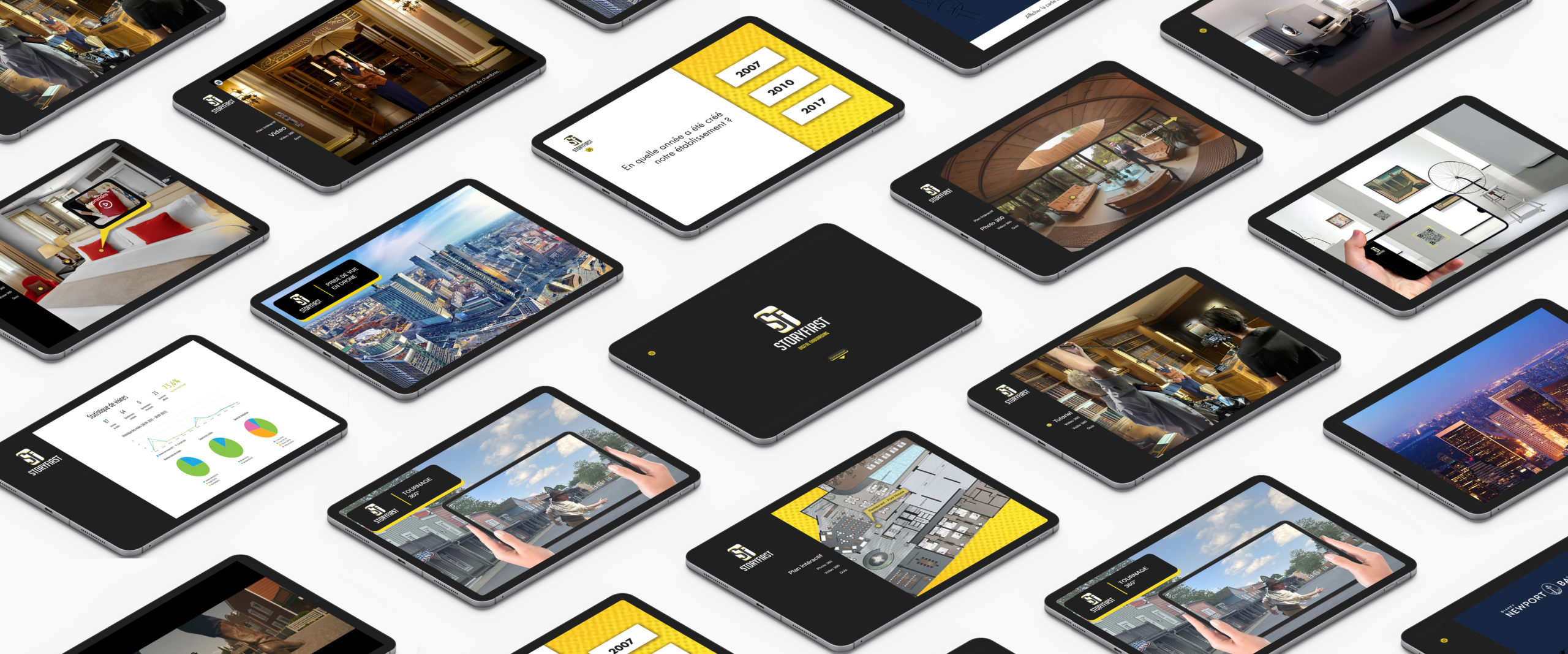 Interfaces StoryFirst App présentées sur plusieurs tablettes