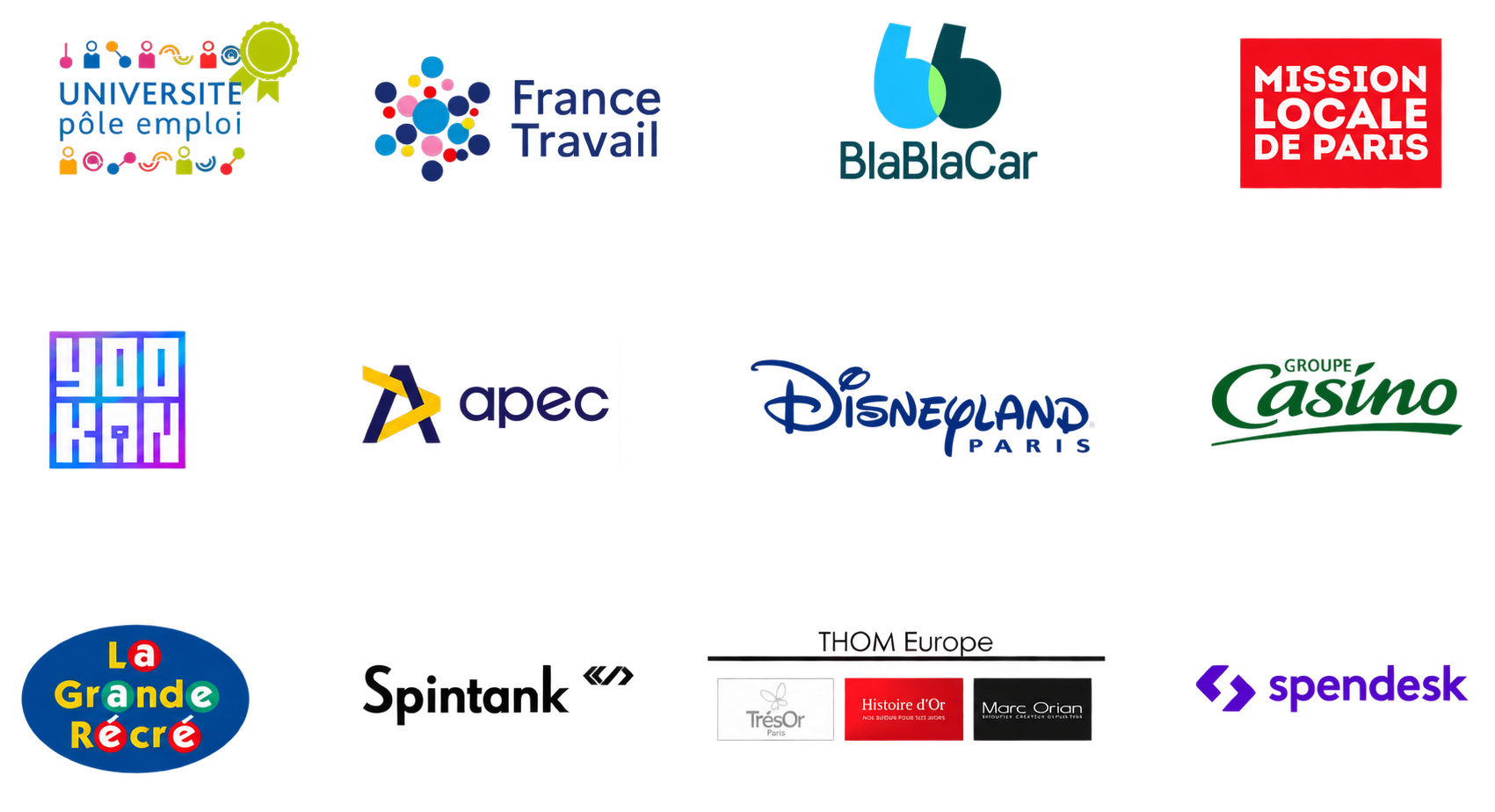 Logos de clients et partenaires de StoryFirst : France Travail, BlaBlaCar, APEC, Disneyland Paris et d’autres organisations